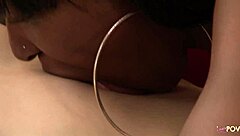 Lesbian interracial sex by pool and on red sofa