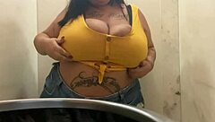 Latina BBW Mary Jhuana shows off in public bathroom for voyeur