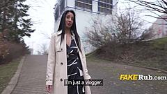 Deep throat competition in public outdoor setting