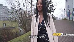 Deep throat competition in public outdoor setting