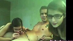 Two Glasses Bitches Dominate Lucky Cock in Webcam Show