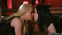 Small tits submissive babes get banged hard in intense threeway with whipping