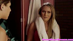 In a passionate encounter, the teenage lesbian uses a strapon to fuck her lover intensely.