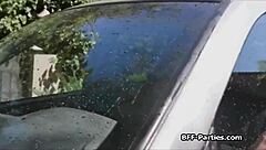 Three Sluts Perform Foursome At Car Wash