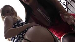 Pretty teen posing for stockings loving milf with trimmed pussy