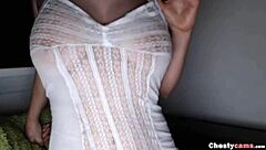 brunette teasingly shows her tits on webcam at night