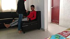 my stepsister masks me and milks my cock in the living room.