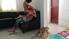 my stepsister masks me and milks my cock in the living room.