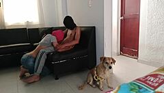 my stepsister masks me and milks my cock in the living room.