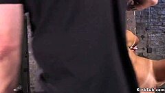 Hogtied babe gets her cunt toyed roughly in bdsm fetish session. Suspended and dominated hard.