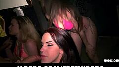 Three bi-curious teen sluts give blowjobs and bend over in mens bathroom orgy