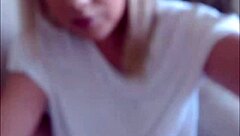Blonde Transsexual Cums on Herself on Live Cam. She Wanks Big Tits