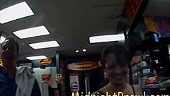 Cock whore bends over in doggystyle threesome, her big tits bouncing as mason storm fucks her roughly for cumshot