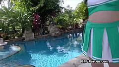 Cheerleading training turns into a party by the pool.
