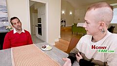 Petite slut rides in POV FFM threesome with family.