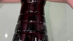 Amateur inserts anal tower dildo close up