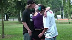 Wow! Young hottie Alexis Crystal banged by 2 guys in public street orgy