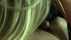 hot blonde says, 'let me play with your cock,' gives blowjob with big tits