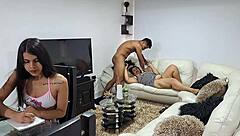 Hey, the horny mature latina bbw is masturbating with her stepsons watching