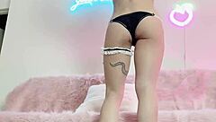 cute asian muscle girl peachycatsnack flexes and flashes in maid outfit 😍