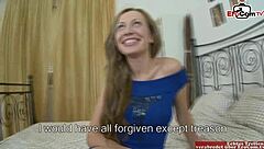 Home made amateur porn casting interview with a skinny blonde slut featuring small tits and cum on belly