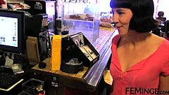 Feminge 4k - Black Haired Lesbian Is Getting Her Pussy Licked In The Cafe