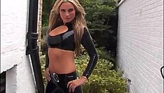 Blonde Babe Feels Intense Pleasure in Latex Boots Outdoors