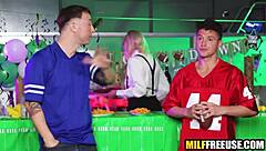 Hot Blonde Babe In Uniform Gets Freeused By Football Fans In Group Threesome