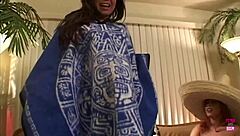 thick redhead and brunette busty latinas get wild with the masked hung man in an anal threesome, sucking and doggystyling his big cock