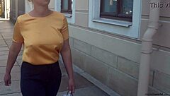 Submissive flashes big tits in public!