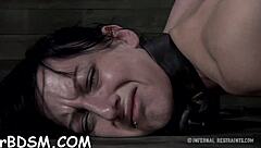 I have this caged brunette babe who loves to give blowjobs after bdsm play