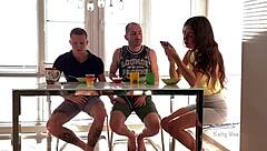 Sucked his friend's huge cock under the table before wife caught them in action