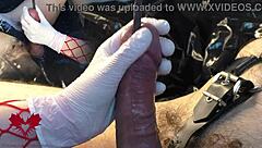Mistress masturbates my cock with white gloves and dilator