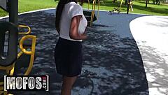 Can pervs control evi rei outdoors in this interracial blowjob?