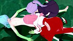 Shuna, Shion, and Rimuru chilling in hot springs parody fun.