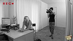 Blonde milf with tongue piercing deepthroats mature guy in studio then sits on big cock