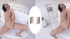 Brunette in Fishnets Masturbates Her Shaved Pussy to Orgasm in Virtual Taboo Scene