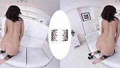 Brunette in Fishnets Masturbates Her Shaved Pussy to Orgasm in Virtual Taboo Scene