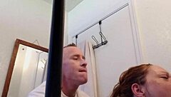 bathroom quickie with wife, big tits teasing