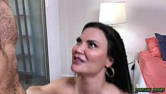 Descriptive scene of british brunette slutty milf jasmine jae performing deepthroat blowjob and receiving cumshot