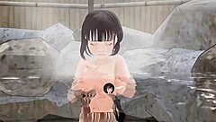 Hentai Babe Enters Hot Spring Nude, Boobs Exposed.