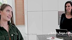 Milf passionately kisses and touches son's girlfriend's tits.