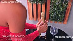 Champagne on BIG ASS of NAUGHTY GIRLFRIEND, MADE her DRINK CUM in GLASS