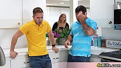 Busty stepmom gets double penetration from big cocks.