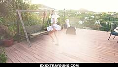 harmony rivers enjoys outdoors jumping dancing and caressing her shaved body with dildo