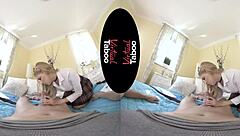 Blonde with big tits and shaved pussy gives handjob and blowjob during homework session.