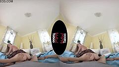 Blonde with big tits and shaved pussy gives handjob and blowjob during homework session.