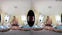 Blonde with big tits and shaved pussy gives handjob and blowjob during homework session.