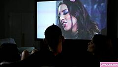 Is the teen babe provocatively eating her stepmom's pussy?