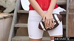 I watch sexy blonde masturbate to orgasm in football kit